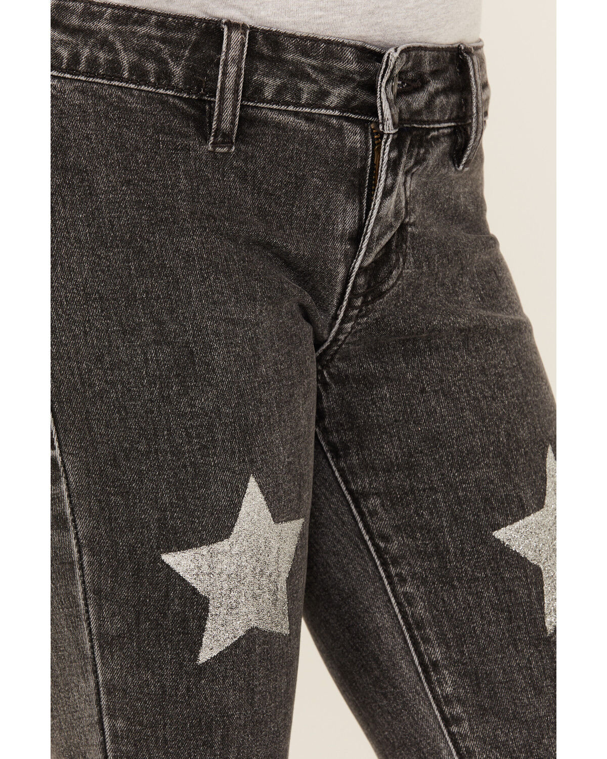 Image #2 - Rock & Roll Denim Girls' Glitter Star Print Flare Stretch Jeans, Black, hi-res