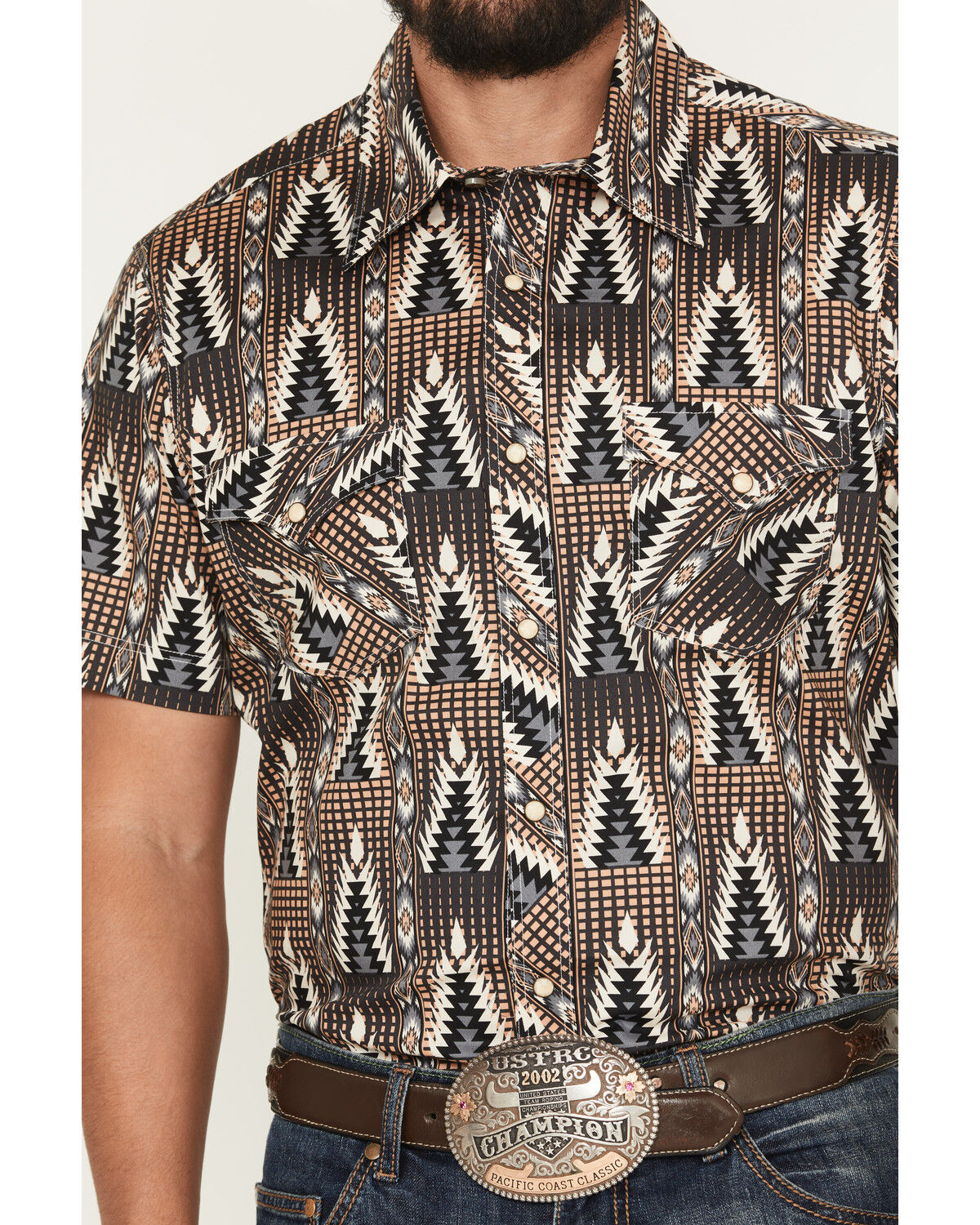 Image #3 - Rock & Roll Denim Men's Southwestern Print Short Sleeve Snap Stretch Western Shirt, Black, hi-res