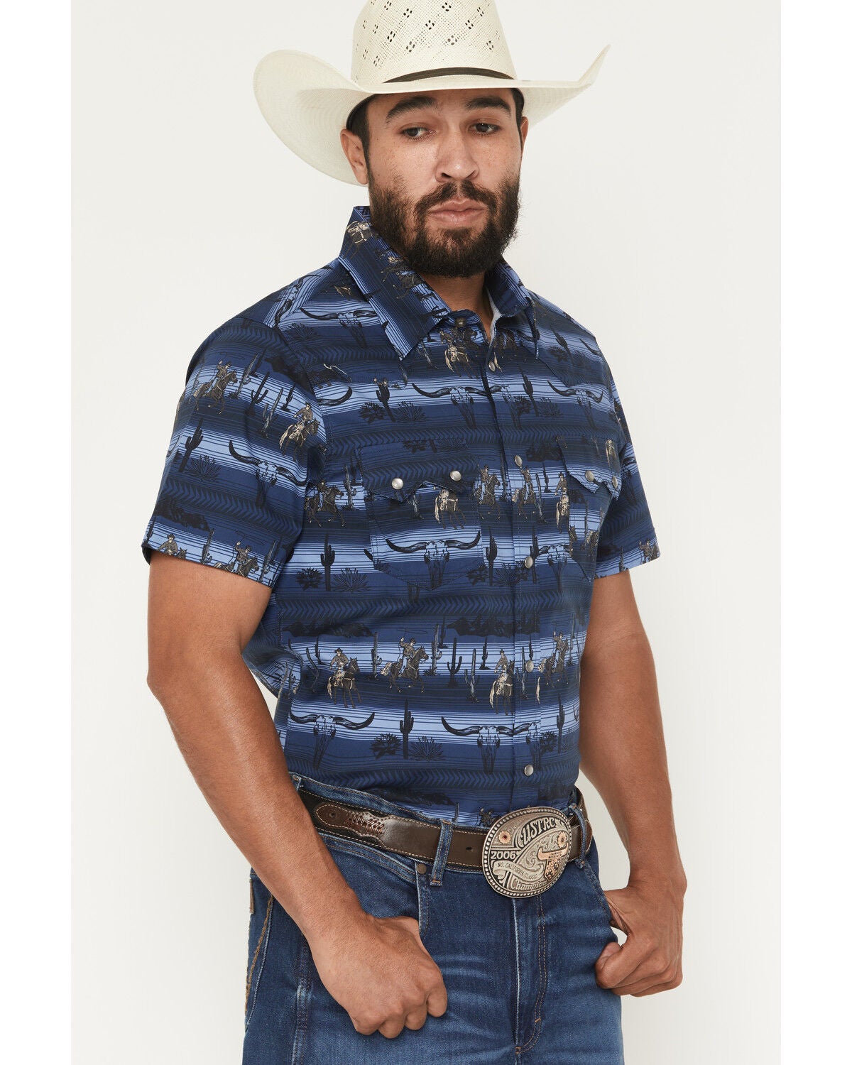 Image #2 - Rock & Roll Denim Men's Serape Striped Steerhead Short Sleeve Snap Stretch Western Shirt, Navy, hi-res