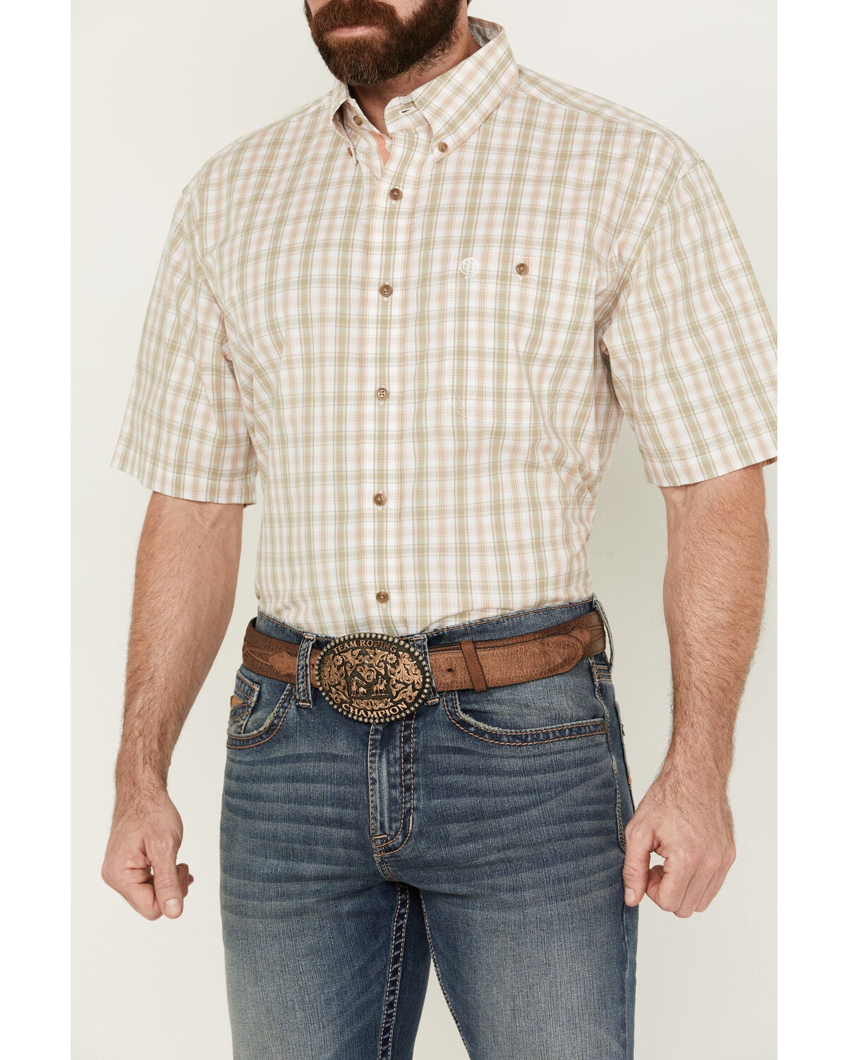 Image #3 - George Strait by Wrangler Men's Plaid Print Short Sleeve Button-Down Stretch Western Shirt, Sage, hi-res