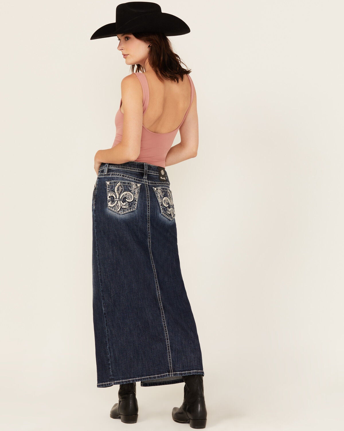 Miss Me Women's Dark Wash Embroidered Pocket Stretch Denim Maxi Skirt, Dark Wash, hi-res