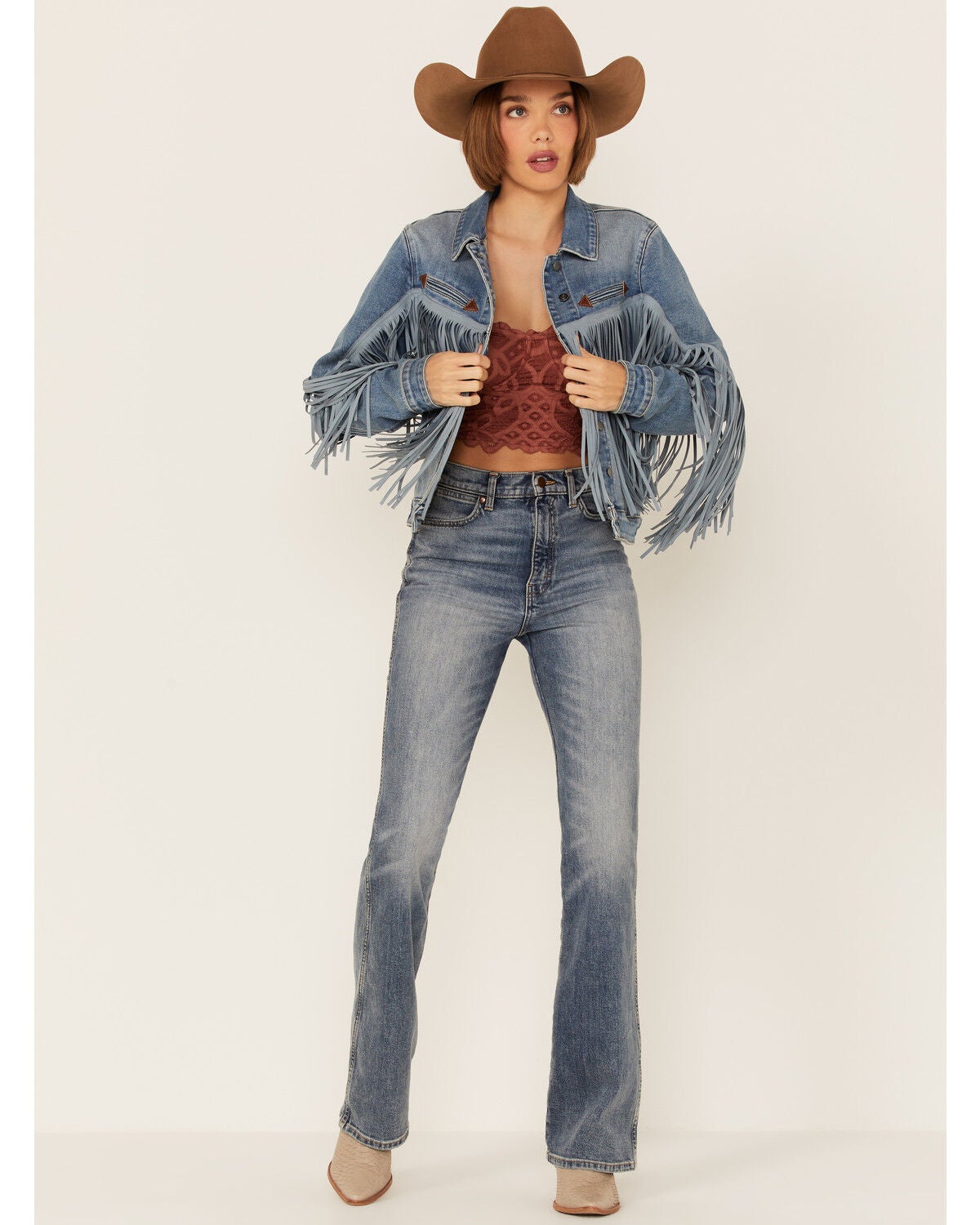 Image #4 - Rock & Roll Denim Women's Light Wash Tonal Suede Fringe Button-Down Denim Jacket , , hi-res