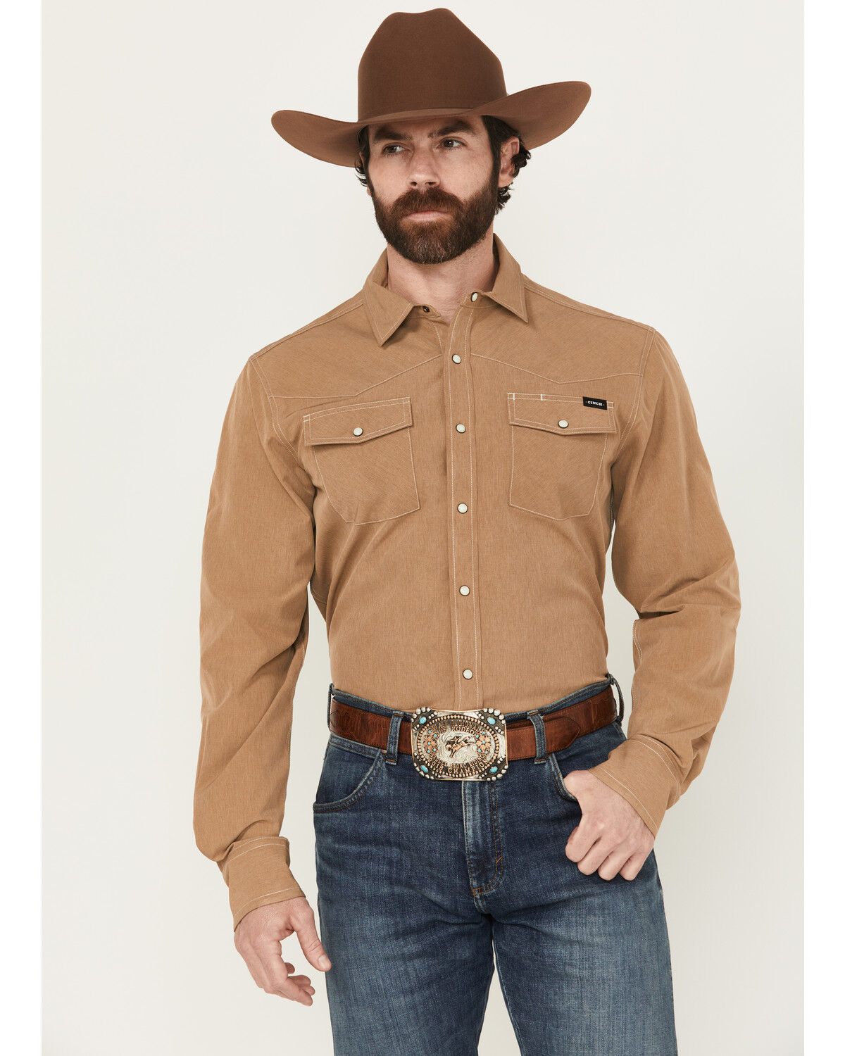 Image #1 - Cinch Men's Solid Long Sleeve Snap Western Performance Shirt, Brown, hi-res