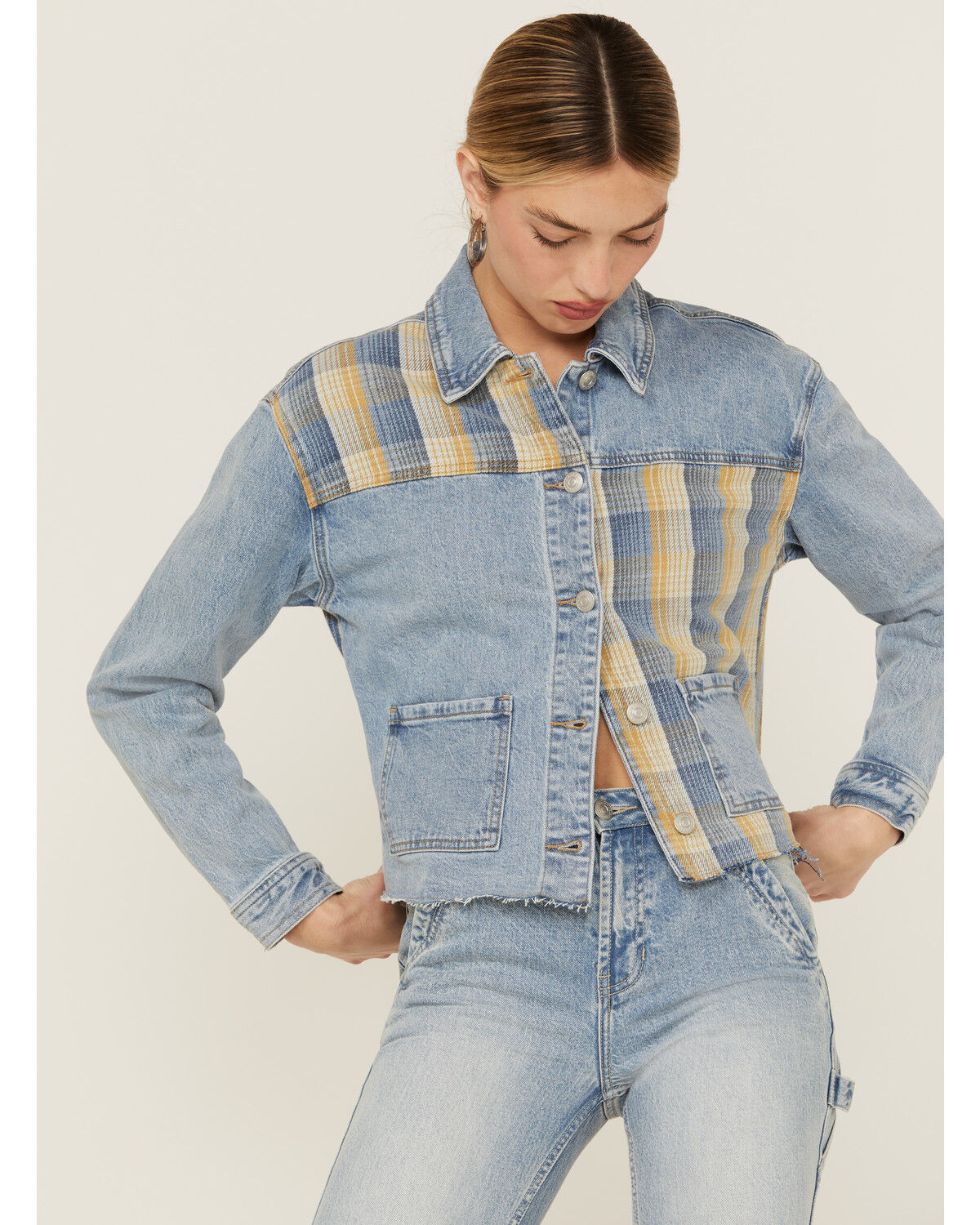 Image #4 - Cleo + Wolf Women's Oversized Plaid Mix Denim Cropped Jacket, Light Medium Wash, hi-res