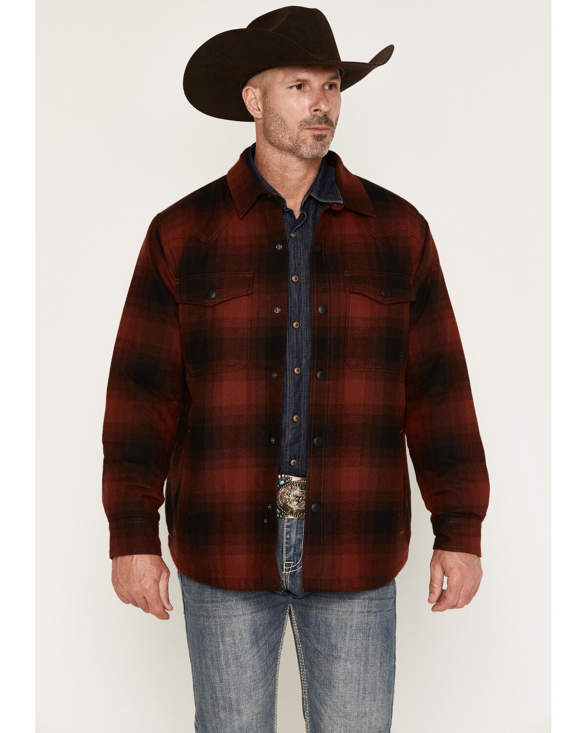 Ariat Men's Retro Buffalo Plaid Print Snap Shirt Jacket, Red, hi-res