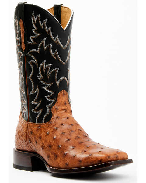 Cody James Men's Full Quill Cognac Ostrich Exotic Western Boots - Broad Square Toe , Black, hi-res