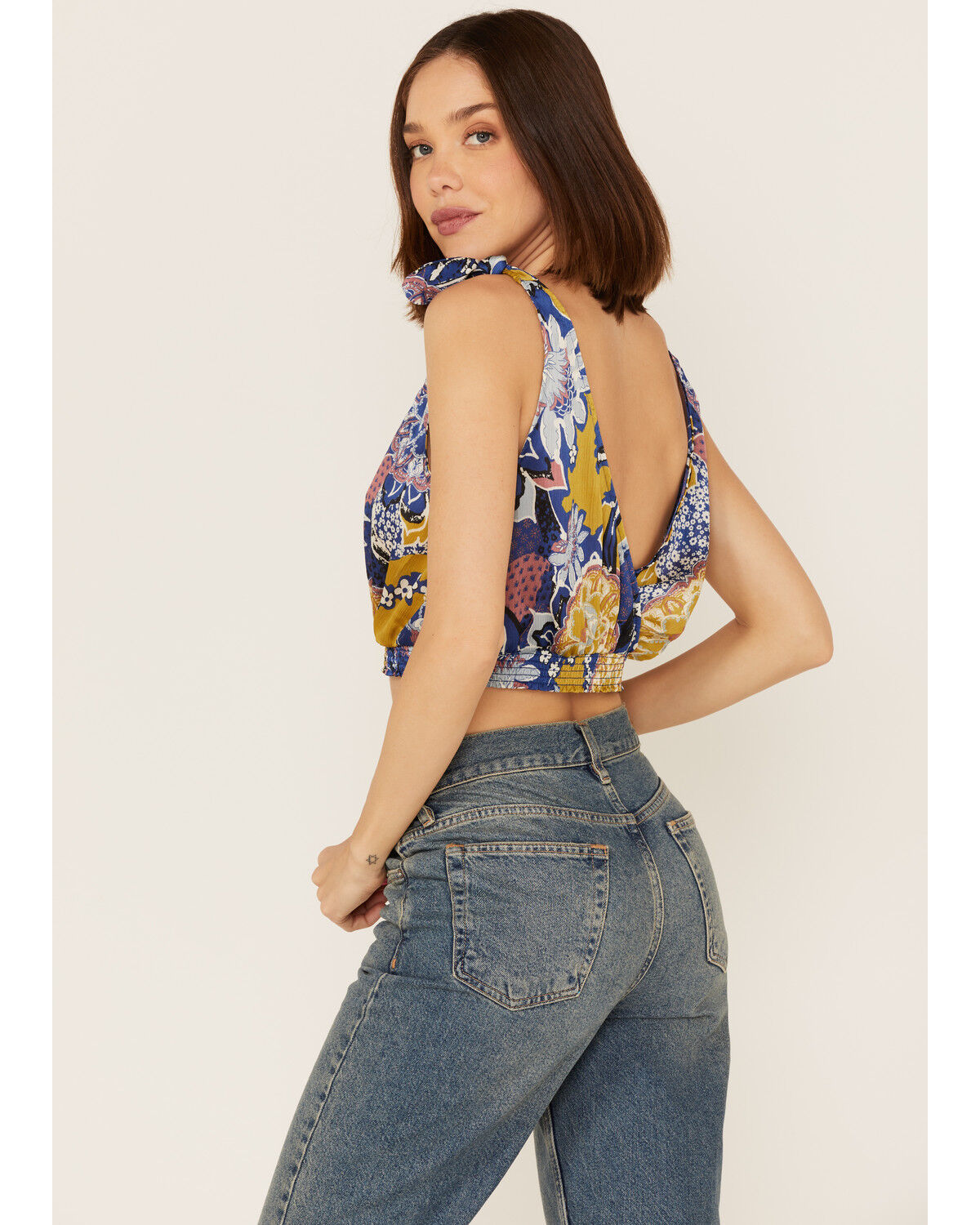 Image #4 - Free People Women's Weekend In Montauk Floral Print Cropped Tank Top, Blue, hi-res