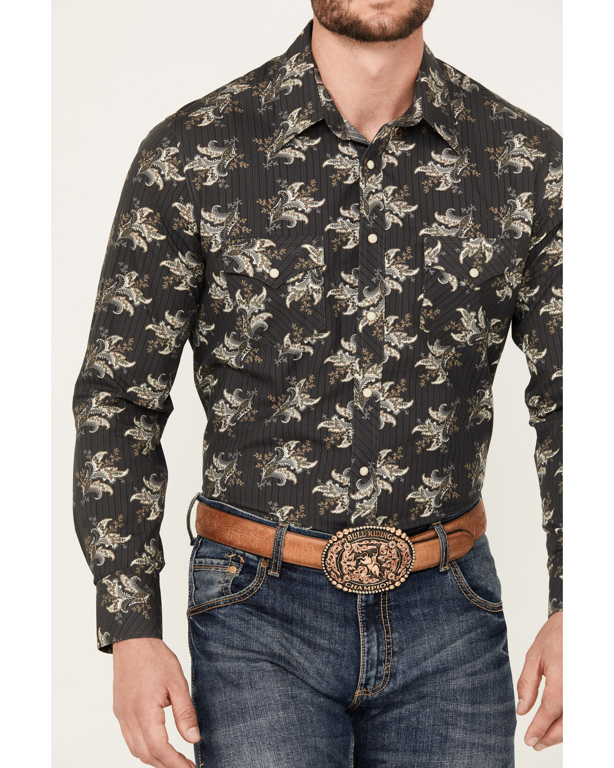 Image #3 - Rock & Roll Denim Men's Vintage 46 Paisley Print Long Sleeve Snap Western Shirt, Charcoal, hi-res