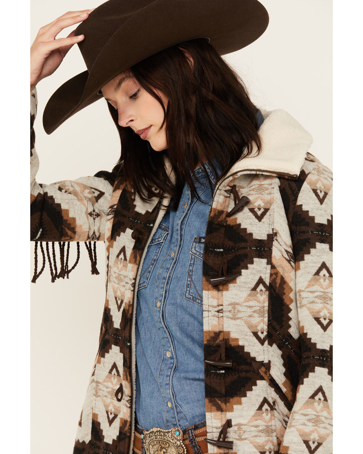 Image #3 - Powder River Outfitters Women's Southwestern Jacquard Fringe Coat, Brown, hi-res