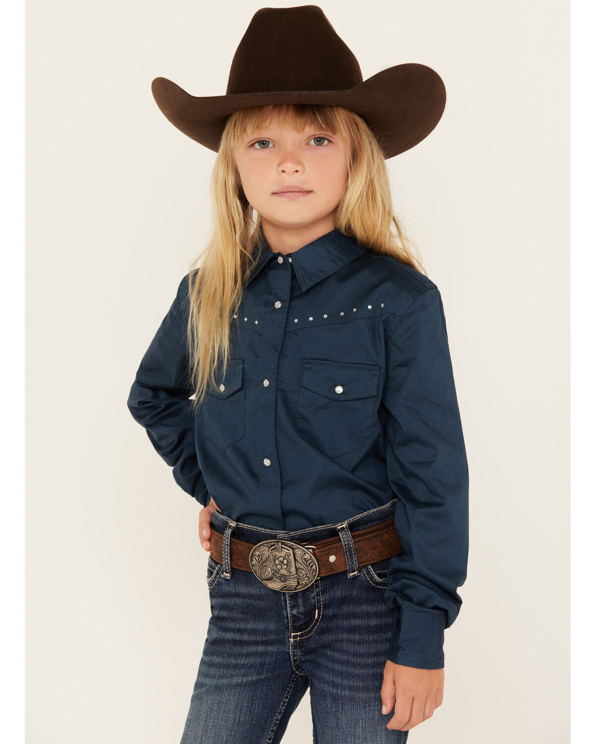 Image #1 - Shyanne Girls' Solid Rhinestone Long Sleeve Snap Stretch Western Shirt, Blue, hi-res