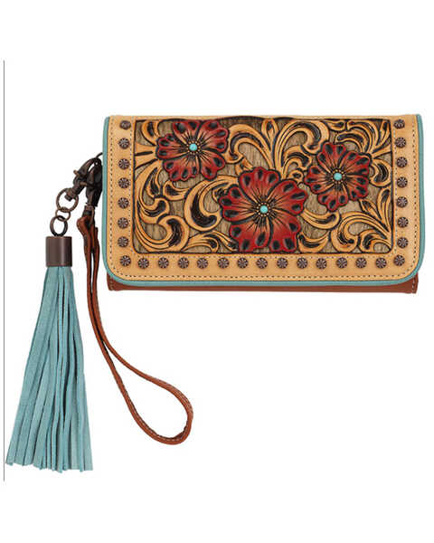 Image #1 - M & F Western Women's Lorelei Floral Tooled Wristlet Clutch Wallet, Tan, hi-res
