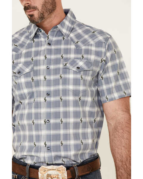 Image #3 - Moonshine Spirit Men's Cacti Med Plaid Print Short Sleeve Pearl Snap Western Shirt , Navy, hi-res