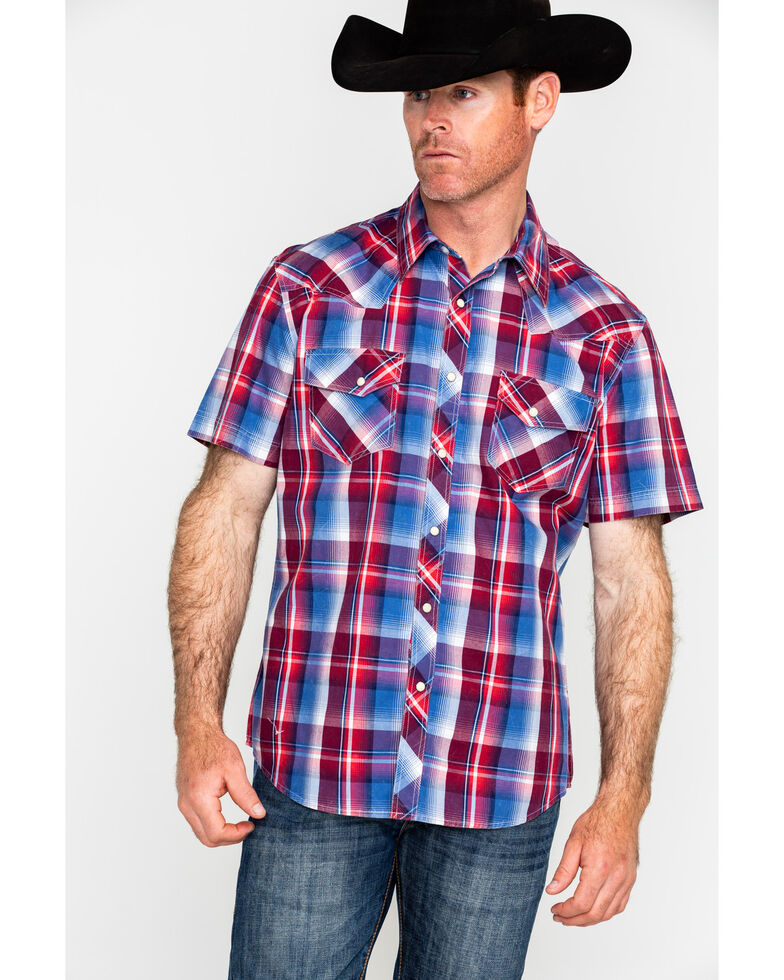Rock Roll Cowboy Men S Red Crinkle Washed Plaid Short Sleeve