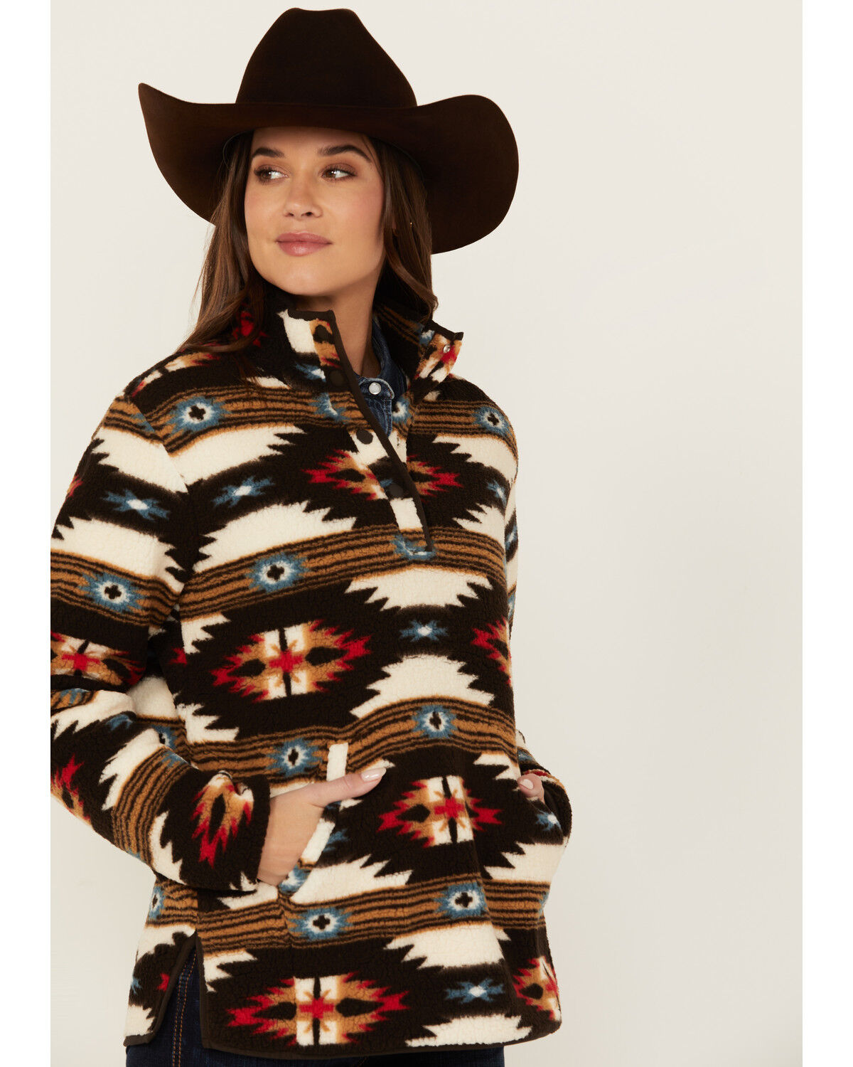 Image #2 - Wrangler Women's Southwestern Print 1/2 Zip Sherpa Fleece Pullover, Brown, hi-res