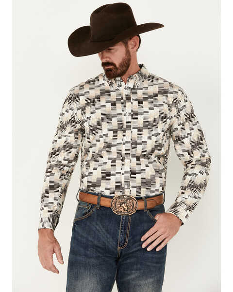 Image #1 - RANK 45® Men's Geo Print Long Sleeve Button-Down Western Shirt, Black, hi-res