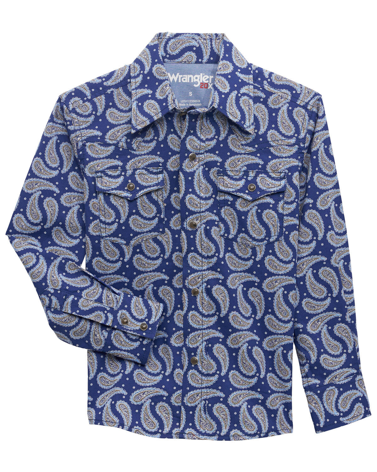 Image #1 - Wrangler 20X Boys' Paisley Print Long Sleeve Snap Stretch Western Shirt, Blue, hi-res