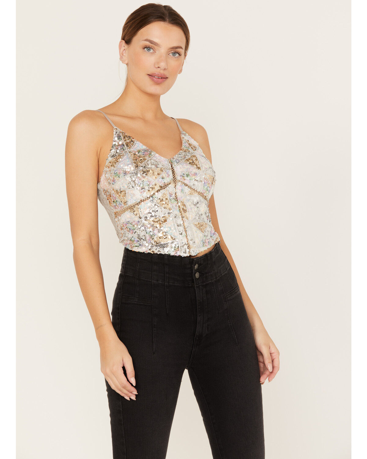 Image #1 - Miss Me Women's Sequin Cropped Tank Top, Silver, hi-res