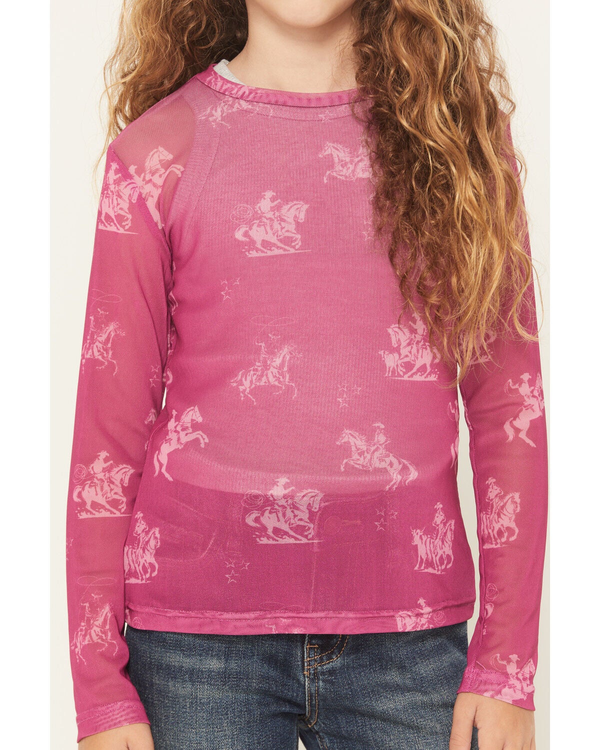 Image #3 - Cowgirl Hardware Girls' Desert Bronc Long Sleeve Mesh Top, Pink, hi-res