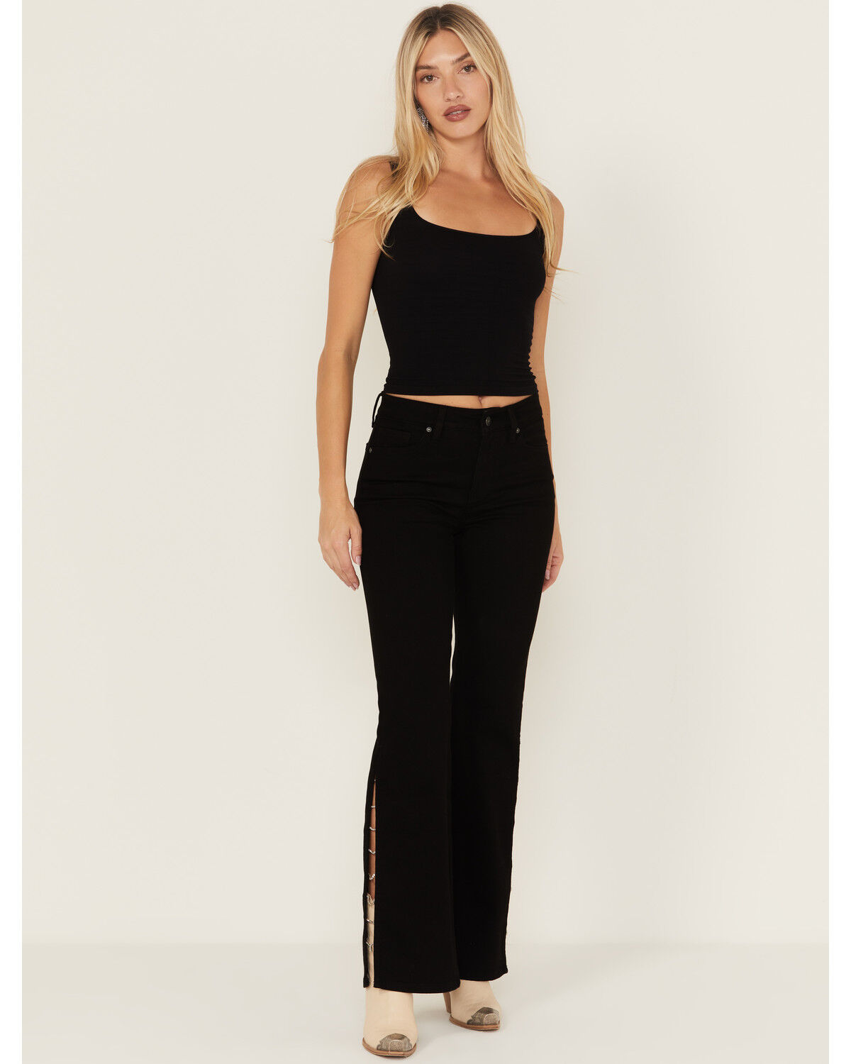 Image #1 - Shyanne Women's Joni High Rise Rhinestone Slit Trouser Comfort Stretch Denim Jeans, Black, hi-res