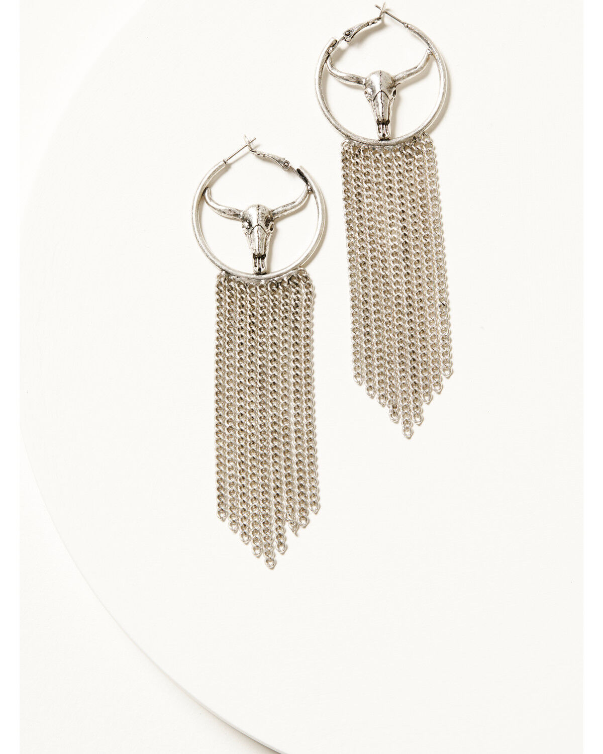Image #1 - Idyllwind Women's Shelby Steer Head Fringe Hoop Earrings, Silver, hi-res