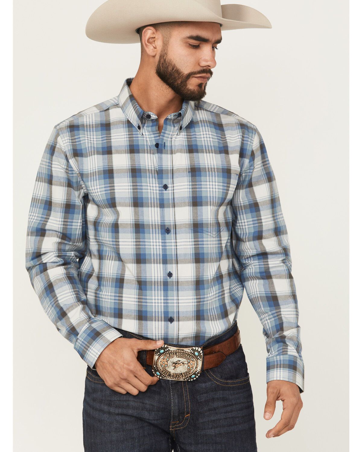 Image #1 - Cody James Men's Howdy Duty Plaid Print Long Sleeve Button-Down Western Shirt, Blue, hi-res