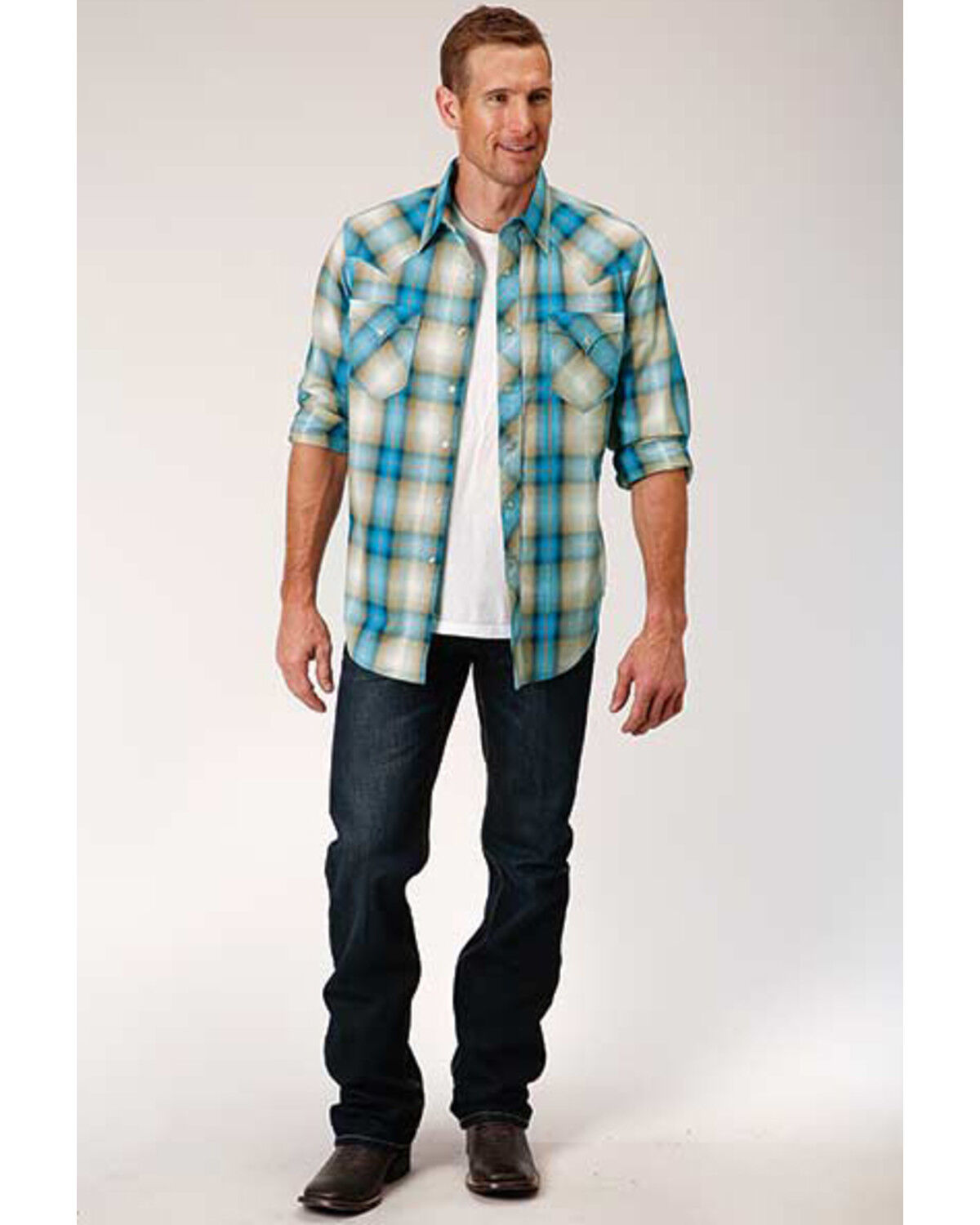 Image #3 - West Made Men's Tide Pool Dobby Plaid Long Sleeve Western Shirt, , hi-res