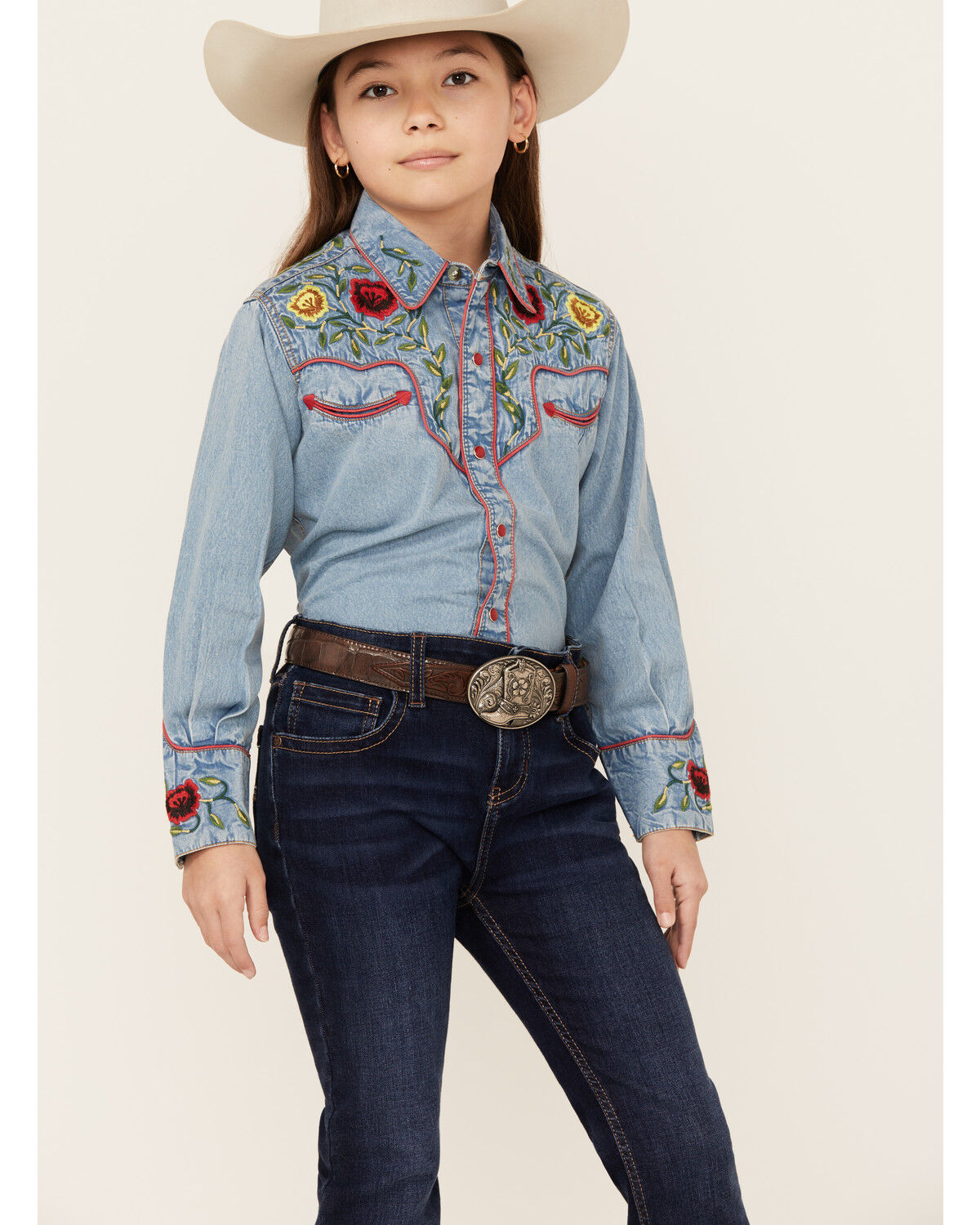 Image #1 - Rockmount Ranchwear Girls' Floral Yoke Long Sleeve Pearl Snap Denim Western Shirt, , hi-res