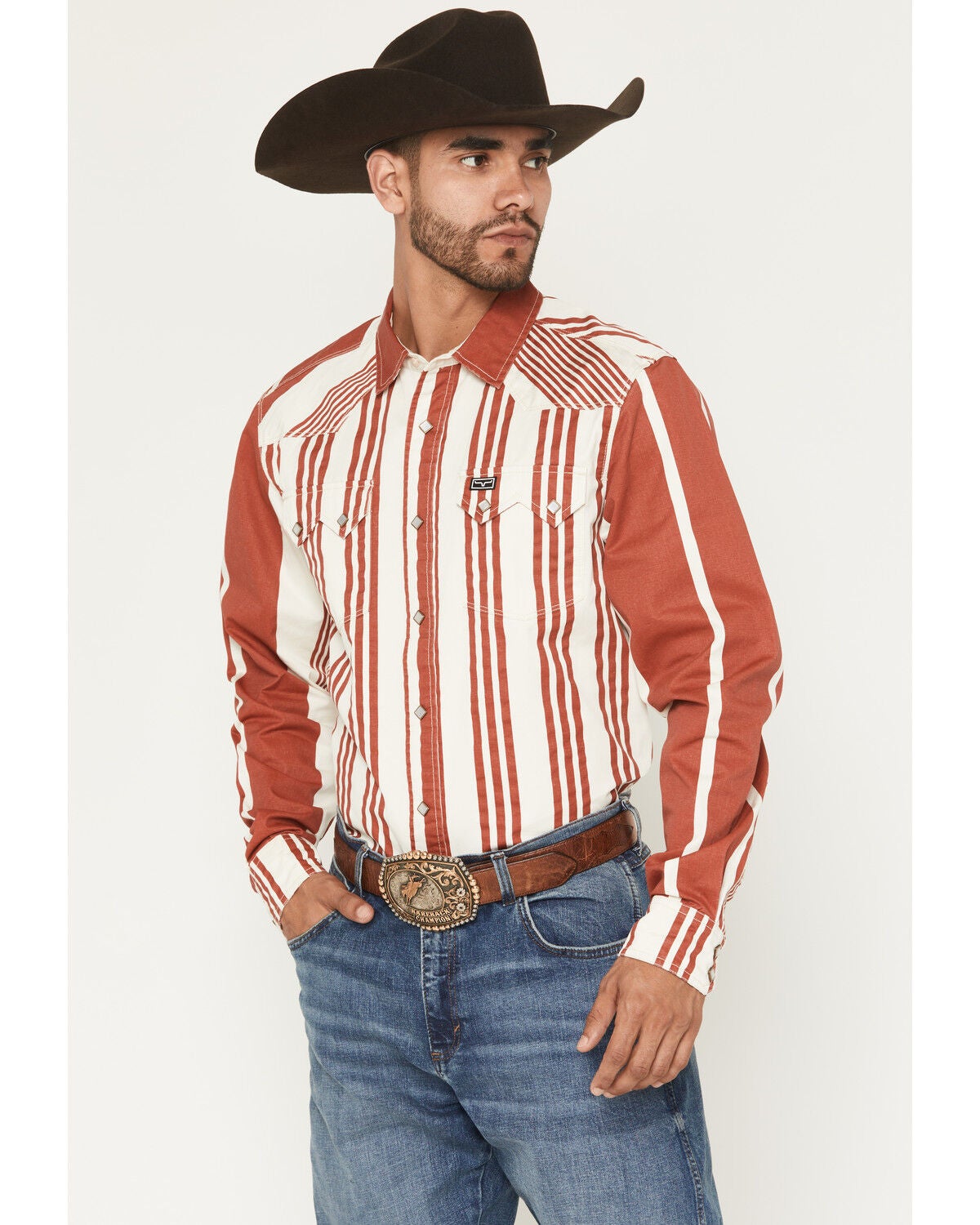Kimes Ranch Men's Bandit Striped Long Sleeve Pearl Snap Western Shirt, Red, hi-res