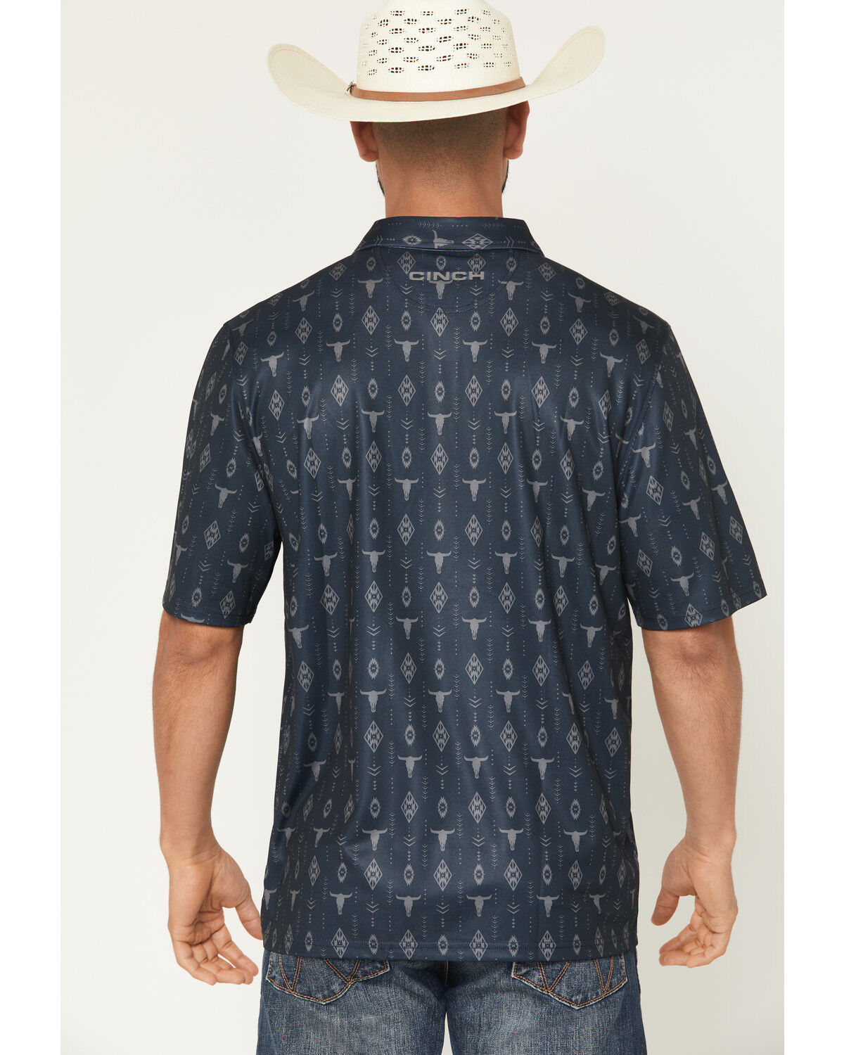 Image #4 - Cinch Men's Steerhead Print Short Sleeve Button-Down Stretch Polo, Navy, hi-res