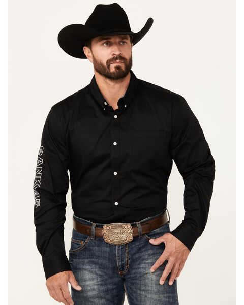 RANK 45 Men's Solid Performance Twill Logo Long Sleeve Button Down Western Shirt , Black, hi-res