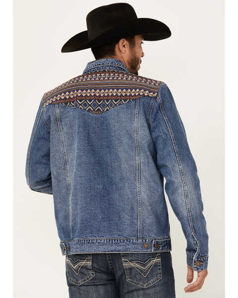 Image #4 - Cody James Men's Gaucho Southwestern Print Yoke Stretch Denim Jacket , Dark Wash, hi-res