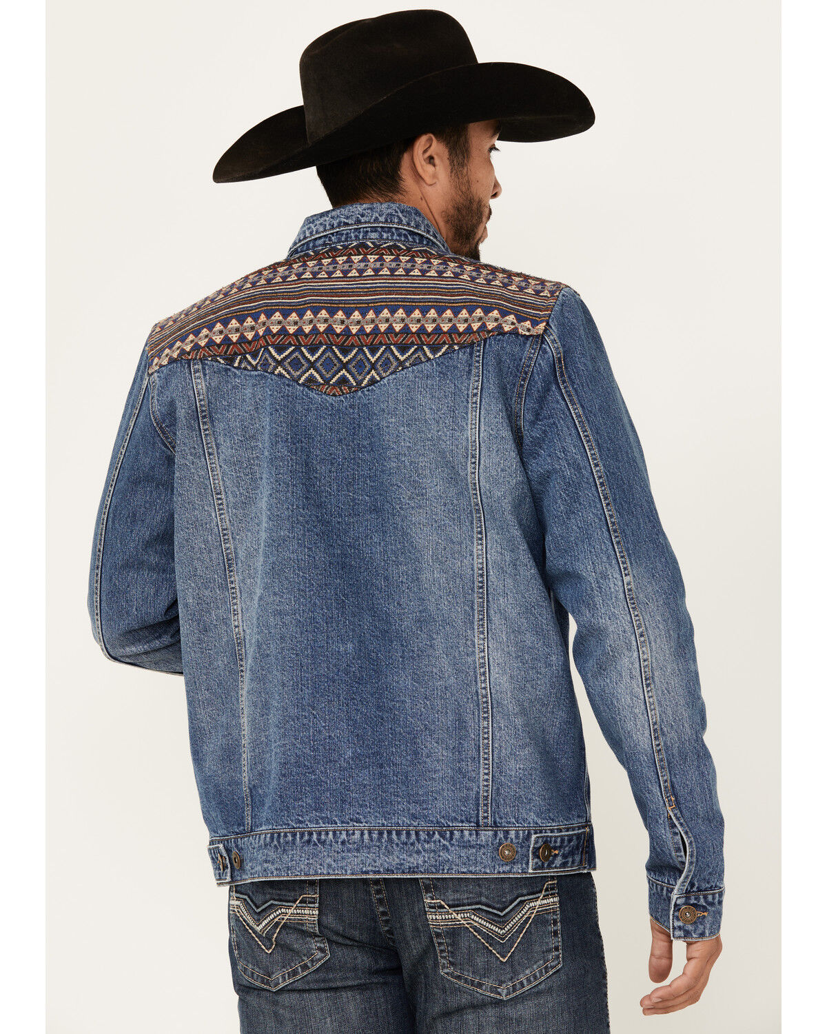 Image #4 - Cody James Men's Gaucho Southwestern Print Yoke Stretch Denim Jacket, Dark Wash, hi-res