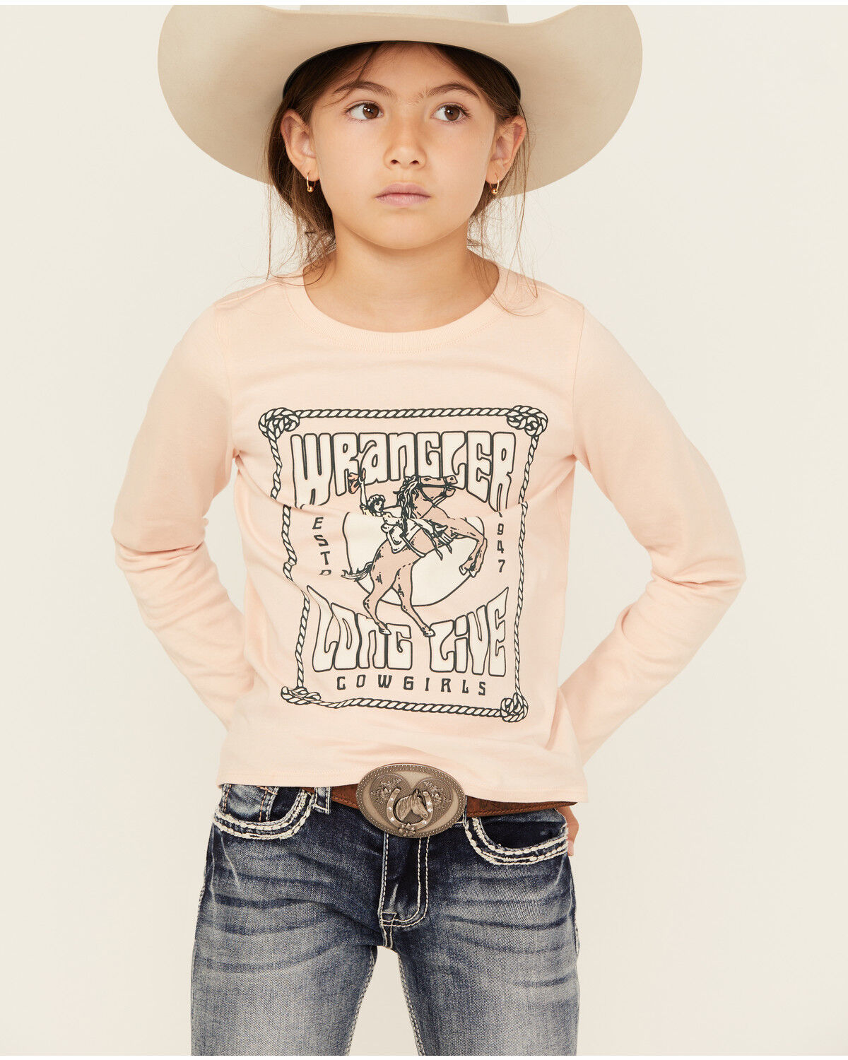 Image #1 - Wrangler Girls' Long Live Cowgirls Long Sleeve Graphic Shirt, Pink, hi-res