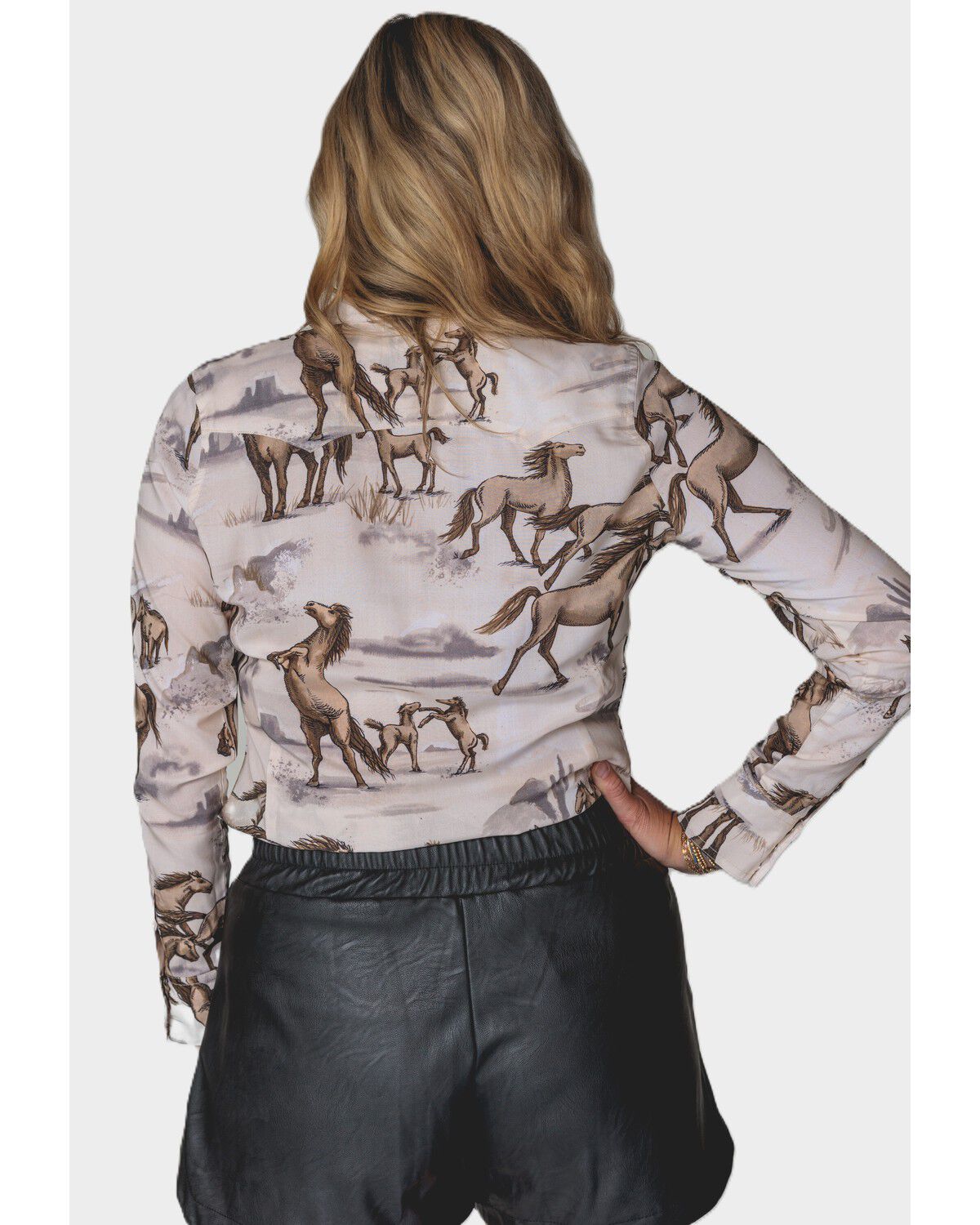 Image #2 - Lovlei Ranch Women's Cheyenne Wild and Free Horse Print Long Sleeve Pearl Snap Western Shirt, Ivory, hi-res