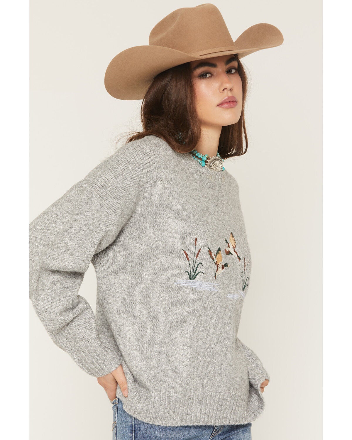 Image #2 - Bailey Rose Women's Embroidered Duck Sweater, Grey, hi-res
