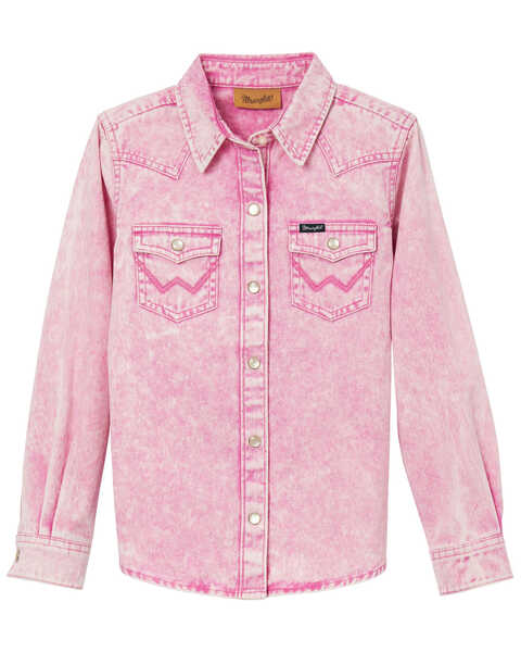 Wrangler Girls' Denim Long Sleeve Pearl Snap Western Shirt , Pink, hi-res