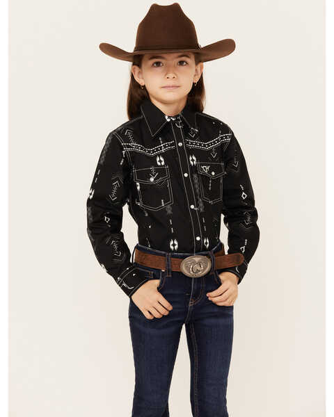 Cowgirl Hardware Girls' Skull Southwestern Print Long Sleeve Snap Western Shirt , Black, hi-res