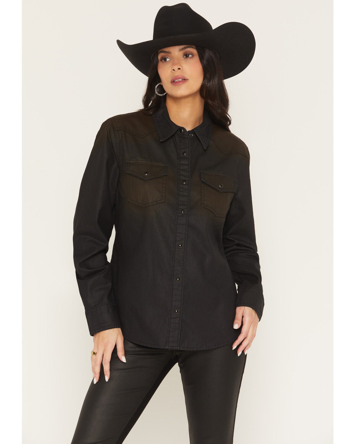Idyllwind Women's Midnight Cowboy Coated Long Sleeve Snap Western Shirt, Black, hi-res
