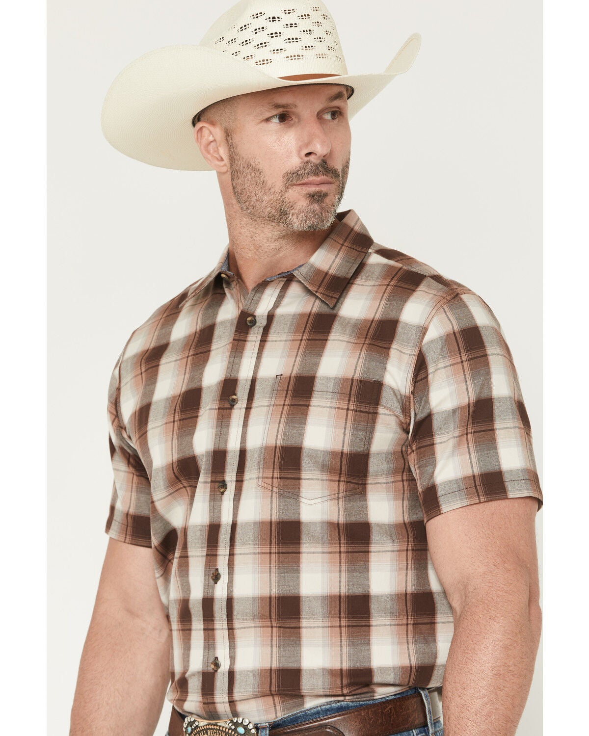 Image #2 - Cody James Men's Frosty Creek Plaid Print Short Sleeve Button-Down Stretch Western Shirt, Brown, hi-res