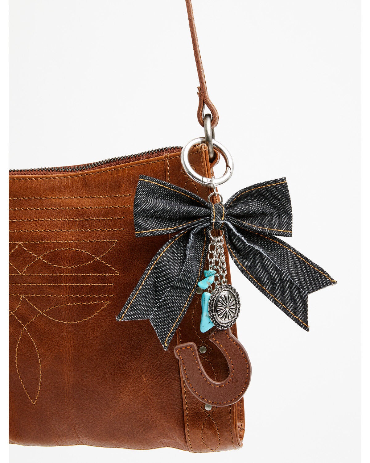 Shyanne Denim Bow Lucky Horseshoe Bag Charm, Blue, hi-res