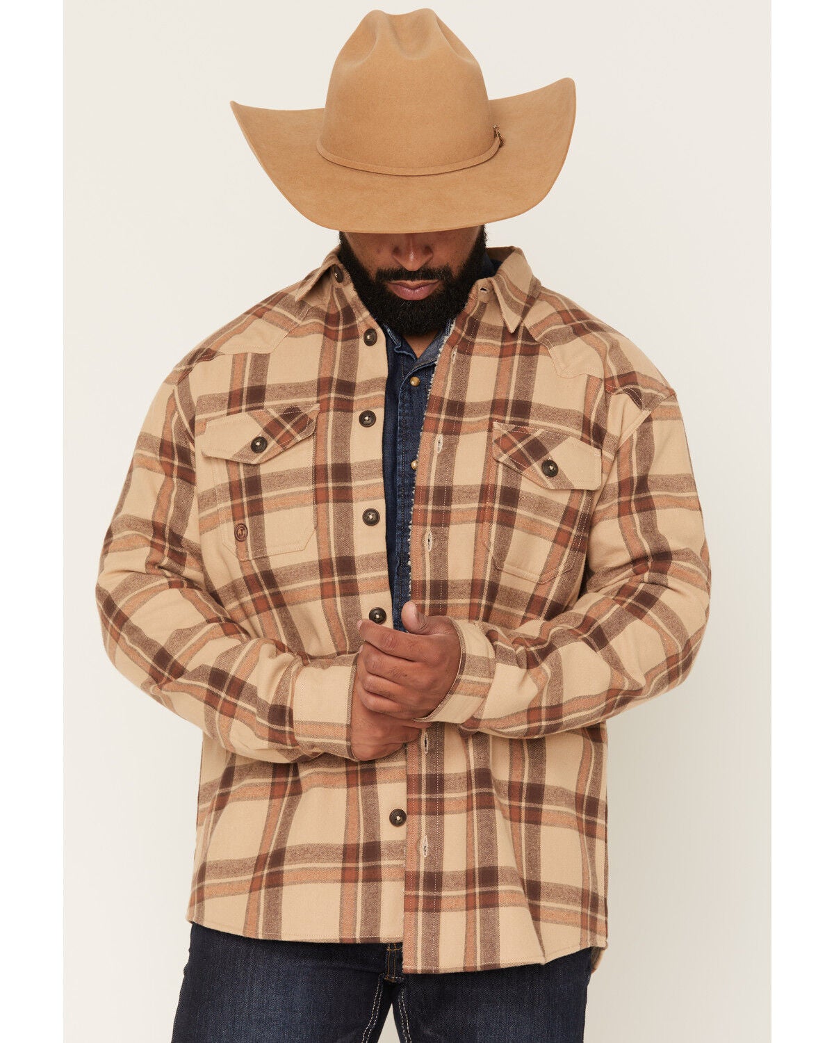 Cody James Men's Hombre Plaid Print Sherpa Lined Shirt Jacket, Tan, hi-res