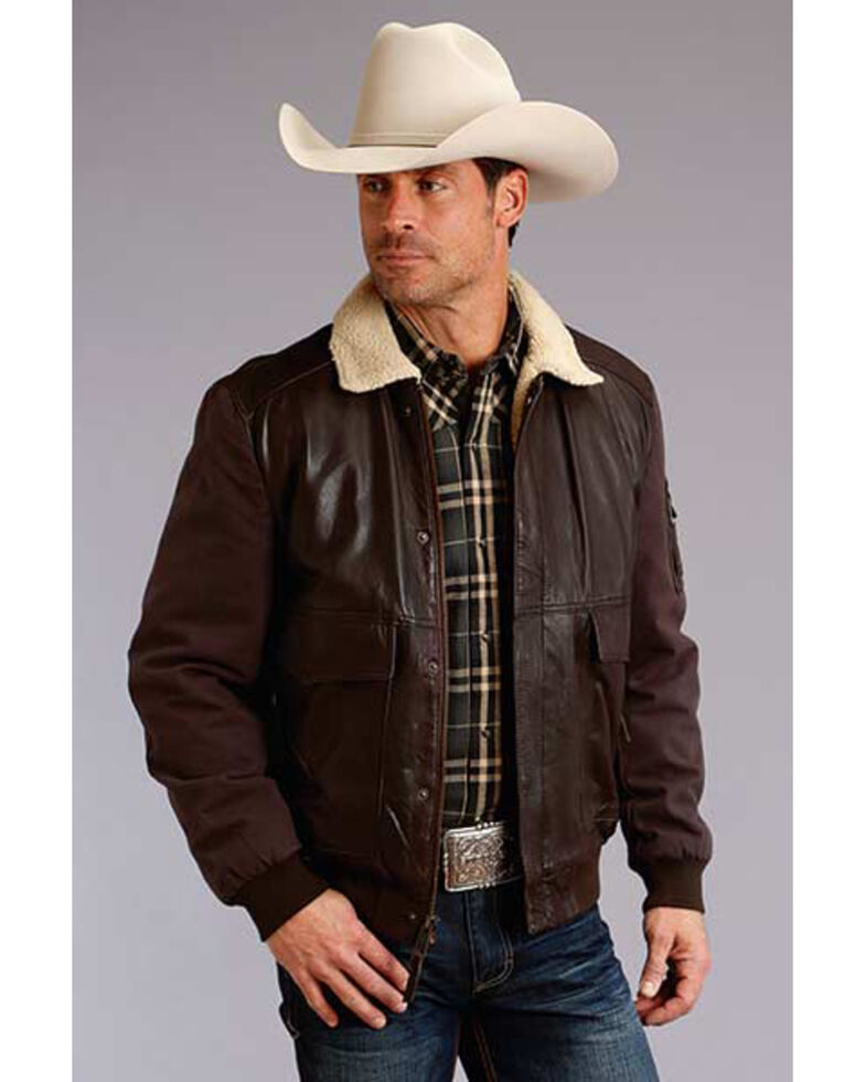 Stetson Men's Dark Brown Novelty Solid Leather Canvas Sleeve Jacket , Brown, hi-res