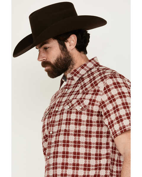 Image #2 - Moonshine Spirit Men's Legend Plaid Print Short Sleeve Snap Western Shirt , Burgundy, hi-res