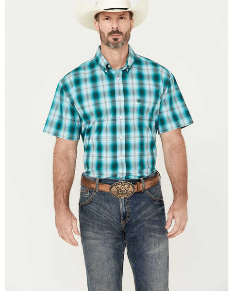 Image #1 - Rock & Roll Denim Men's Plaid Print Short Sleeve Button-Down Stretch Western Shirt, Teal, hi-res