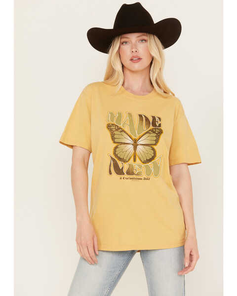 Kerusso Women's Made New Butterfly Graphic Tee, Mustard, hi-res