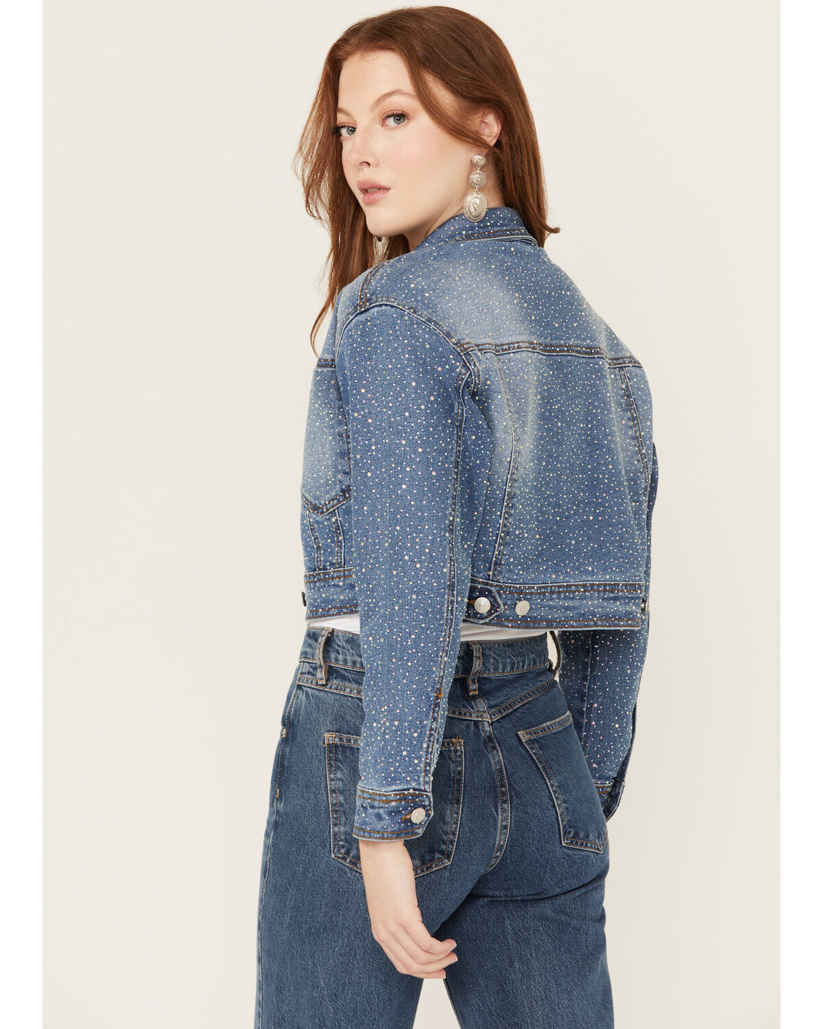 Image #4 - Vibrant Denim Women's Rhinestone Embellished Cropped Denim Jacket, Medium Wash, hi-res