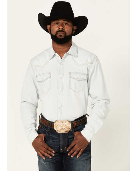 Cody James Men's Fort Summer Light Wash Long Sleeve Pearl Snap Western Denim Shirt , Light Wash, hi-res