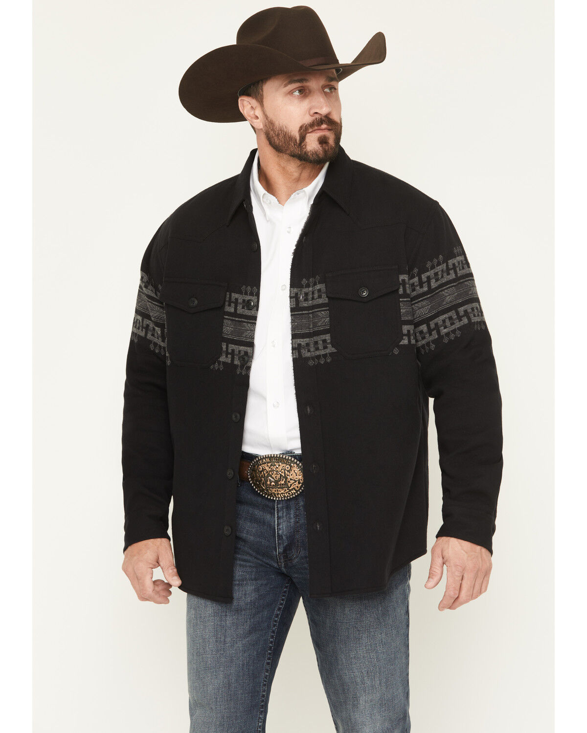 Image #1 - Cody James Men's Southwestern Border Print Sherpa Lined Flannel Shirt Jacket, Black, hi-res