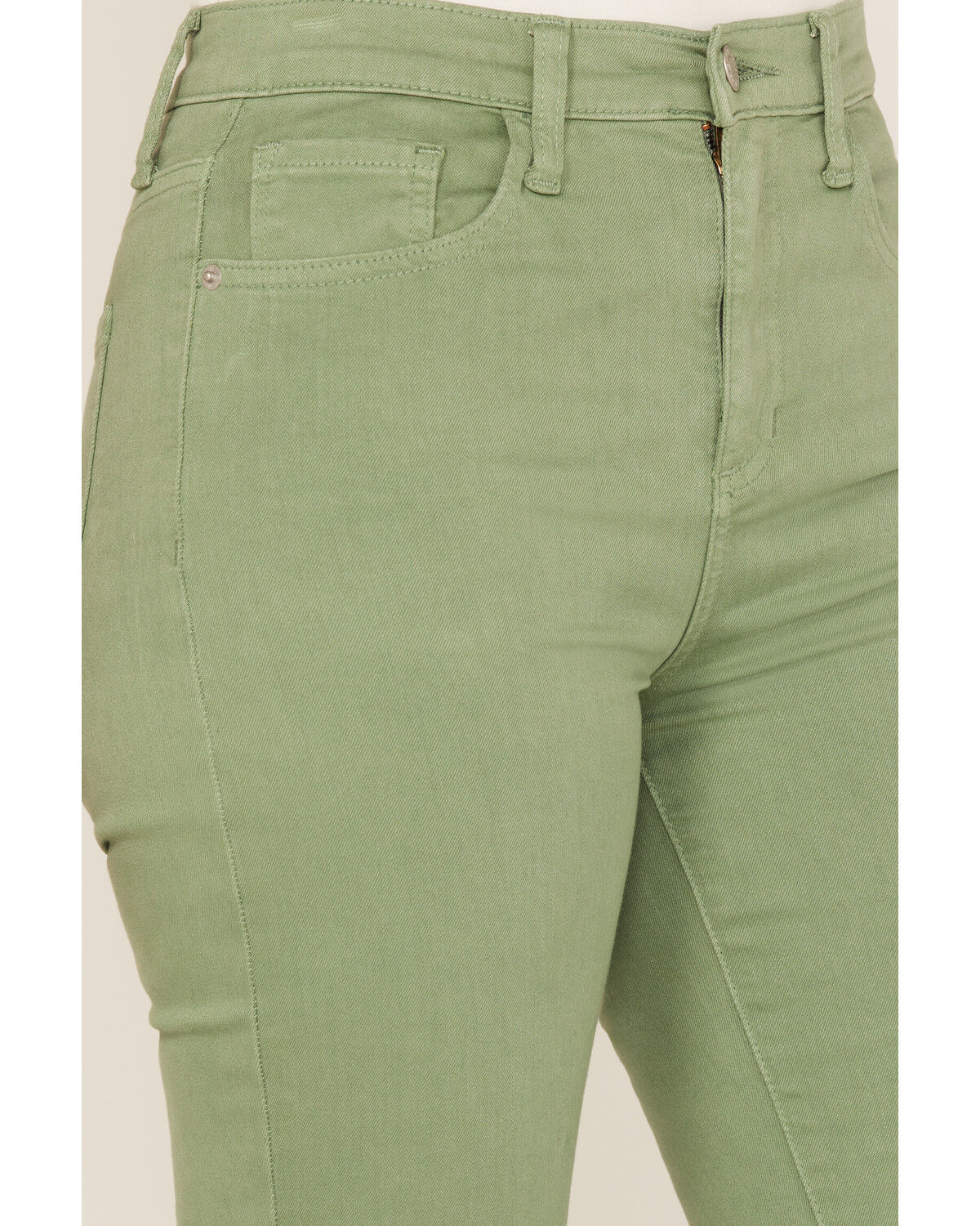 Image #2 - Sneak Peek Women's High Rise Distressed Flare Jeans, Green, hi-res