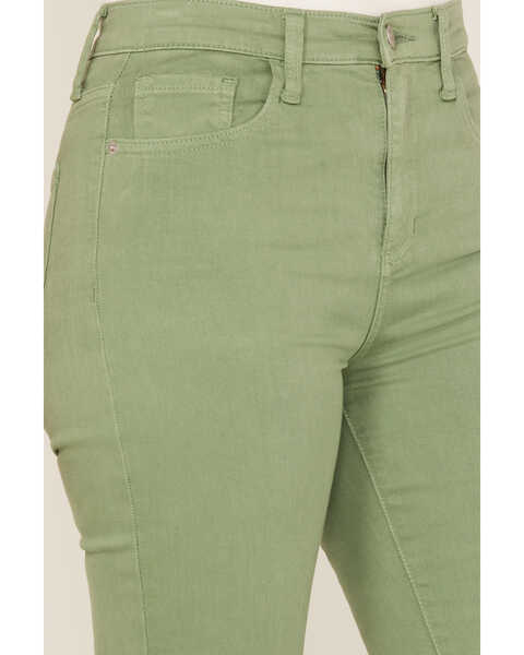 Image #2 - Sneak Peek Women's High Rise Distressed Flare Jeans, Green, hi-res